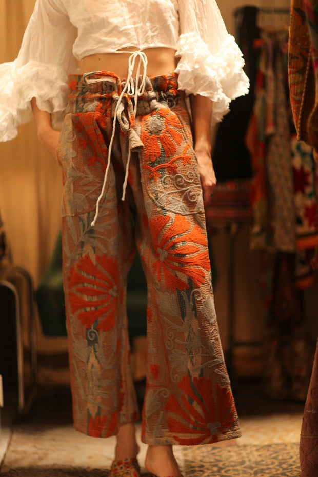 LENA KANTHA TROUSERS ORANGE FLOWERS - sustainably made MOMO NEW YORK sustainable clothing, embroidered slow fashion