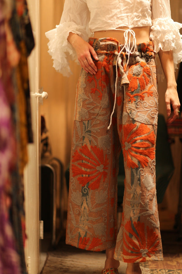 LENA KANTHA TROUSERS ORANGE FLOWERS - sustainably made MOMO NEW YORK sustainable clothing, embroidered slow fashion