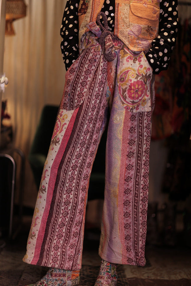 LENA KANTHA TROUSERS PURPLE PATTERN - sustainably made MOMO NEW YORK sustainable clothing, embroidered slow fashion