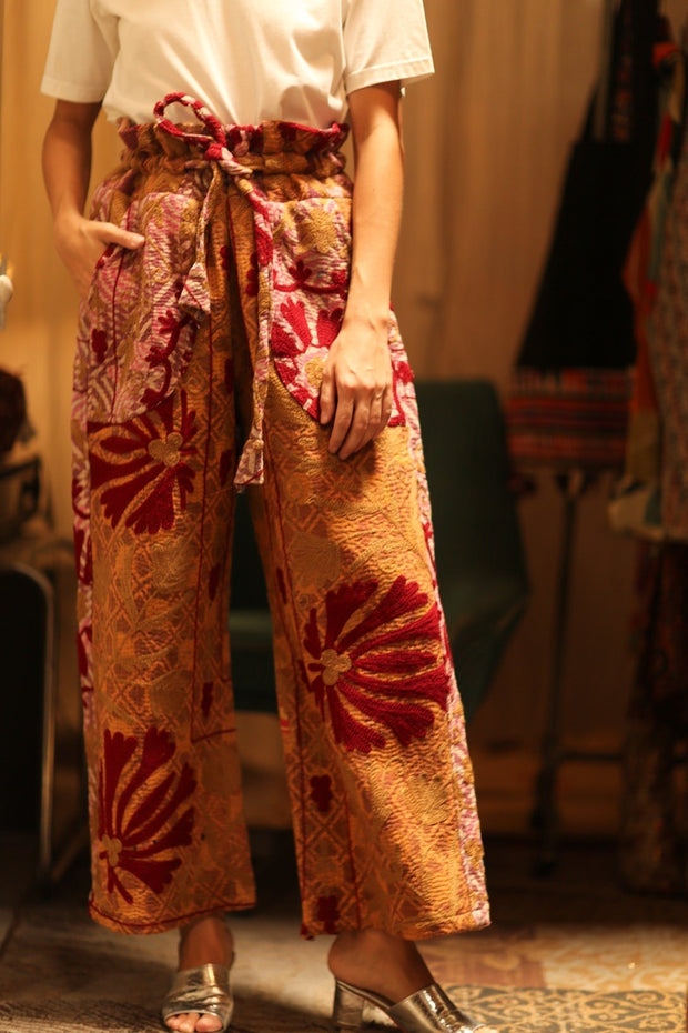 LENA KANTHA TROUSERS RED FLOWERS - sustainably made MOMO NEW YORK sustainable clothing, embroidered slow fashion