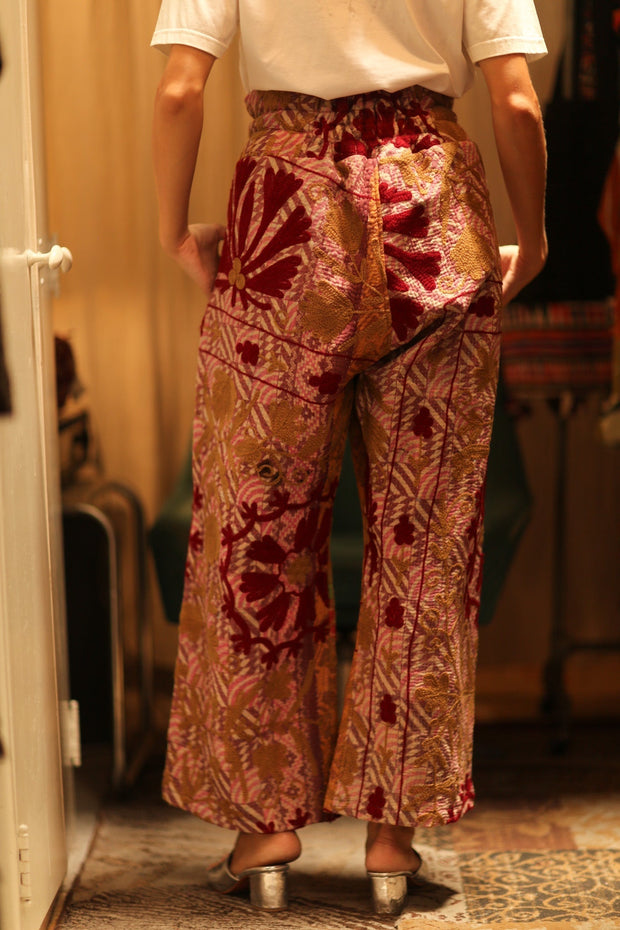 LENA KANTHA TROUSERS RED FLOWERS - sustainably made MOMO NEW YORK sustainable clothing, embroidered slow fashion