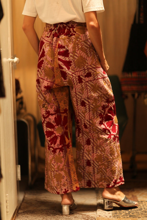 LENA KANTHA TROUSERS RED FLOWERS - sustainably made MOMO NEW YORK sustainable clothing, embroidered slow fashion