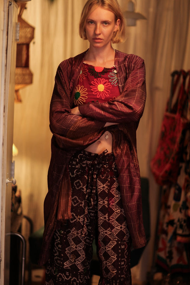 LENA KANTHA TROUSERS RED WINE - sustainably made MOMO NEW YORK sustainable clothing, embroidered slow fashion