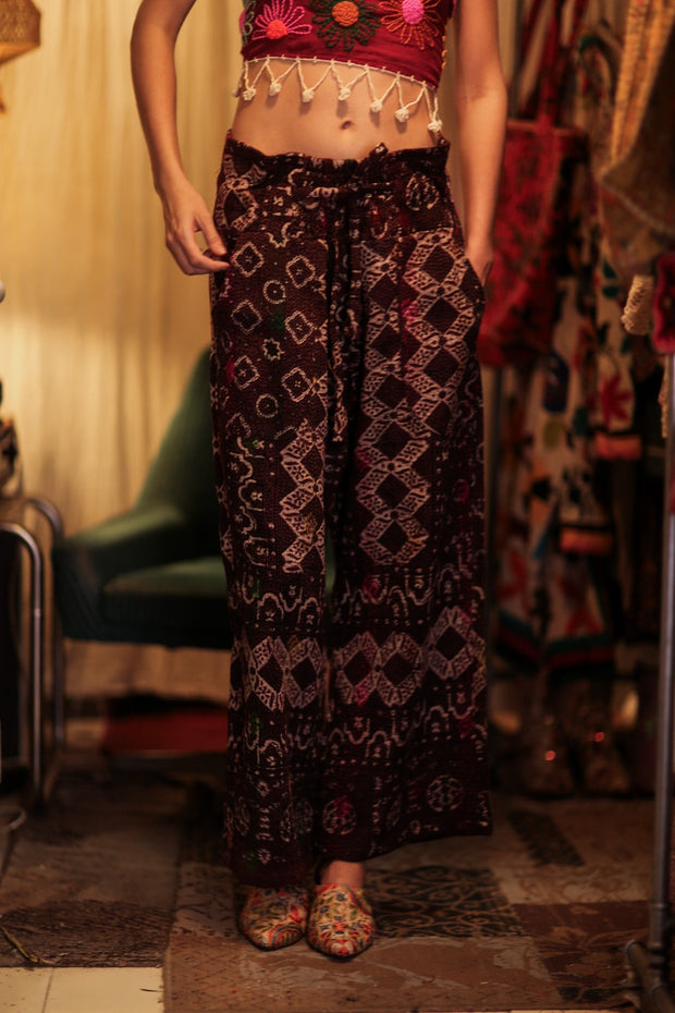 LENA KANTHA TROUSERS RED WINE - sustainably made MOMO NEW YORK sustainable clothing, embroidered slow fashion