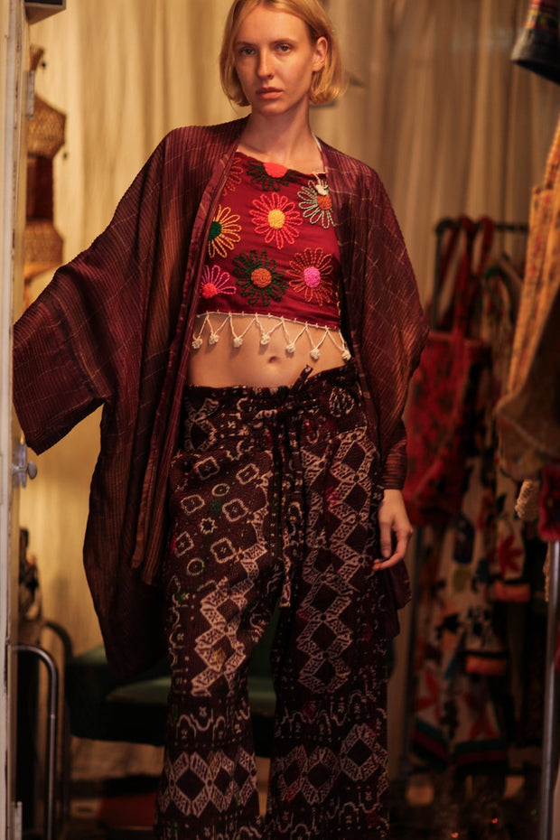 LENA KANTHA TROUSERS RED WINE - sustainably made MOMO NEW YORK sustainable clothing, embroidered slow fashion