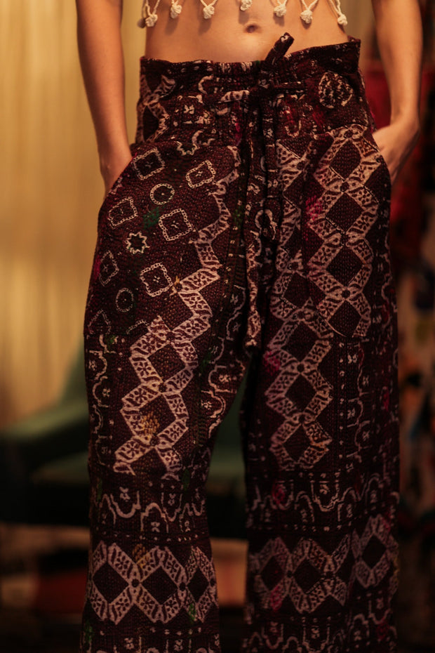 LENA KANTHA TROUSERS RED WINE - sustainably made MOMO NEW YORK sustainable clothing, embroidered slow fashion