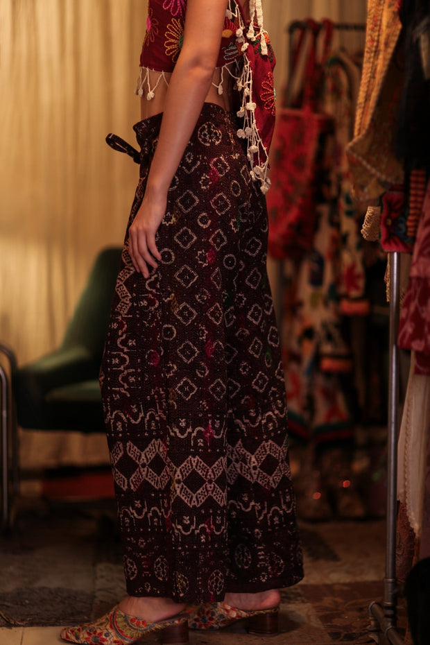 LENA KANTHA TROUSERS RED WINE - sustainably made MOMO NEW YORK sustainable clothing, embroidered slow fashion