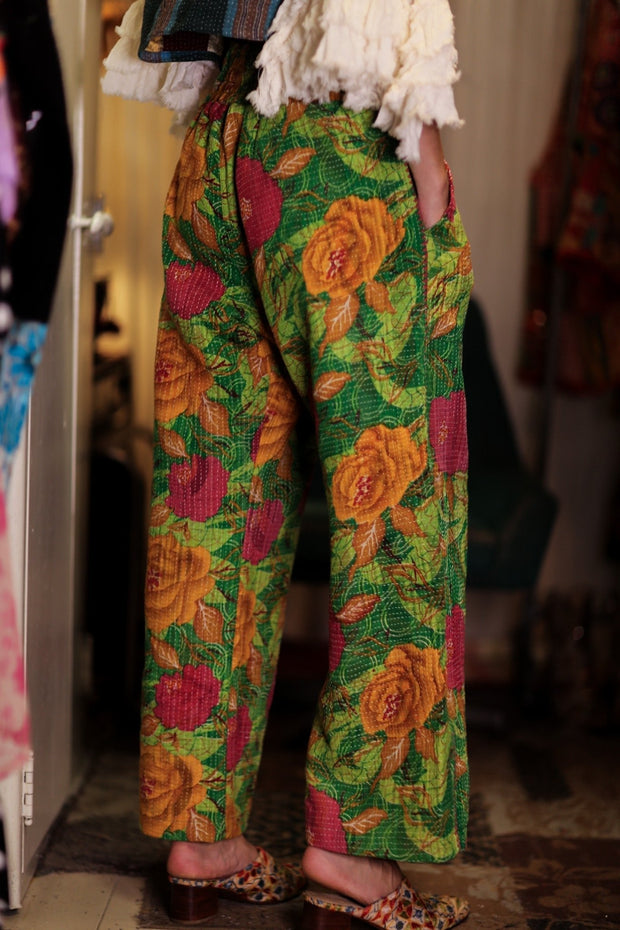 LENA KANTHA TROUSERS SALAD - sustainably made MOMO NEW YORK sustainable clothing, embroidered slow fashion