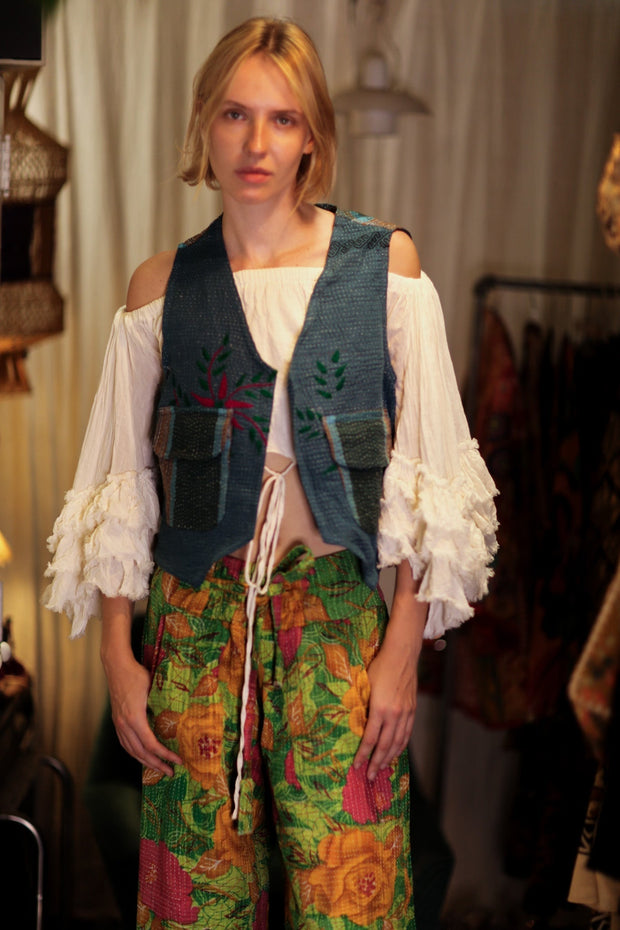 LENA KANTHA TROUSERS SALAD - sustainably made MOMO NEW YORK sustainable clothing, embroidered slow fashion