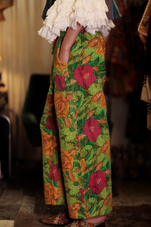 LENA KANTHA TROUSERS SALAD - sustainably made MOMO NEW YORK sustainable clothing, embroidered slow fashion