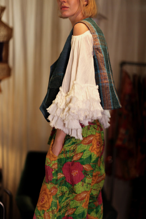LENA KANTHA TROUSERS SALAD - sustainably made MOMO NEW YORK sustainable clothing, embroidered slow fashion