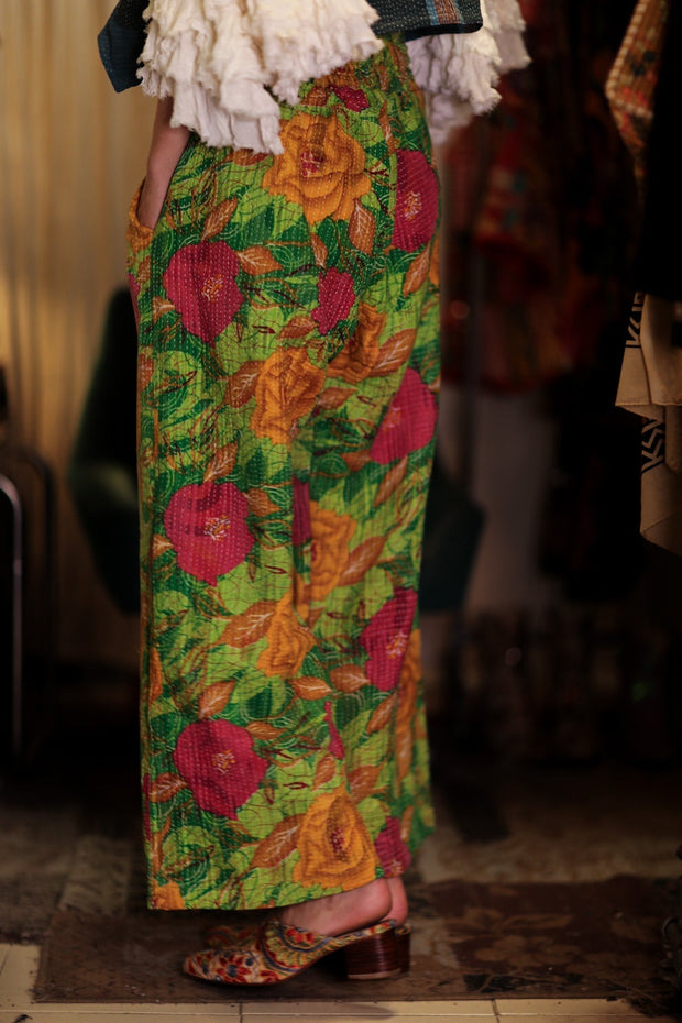 LENA KANTHA TROUSERS SALAD - sustainably made MOMO NEW YORK sustainable clothing, embroidered slow fashion