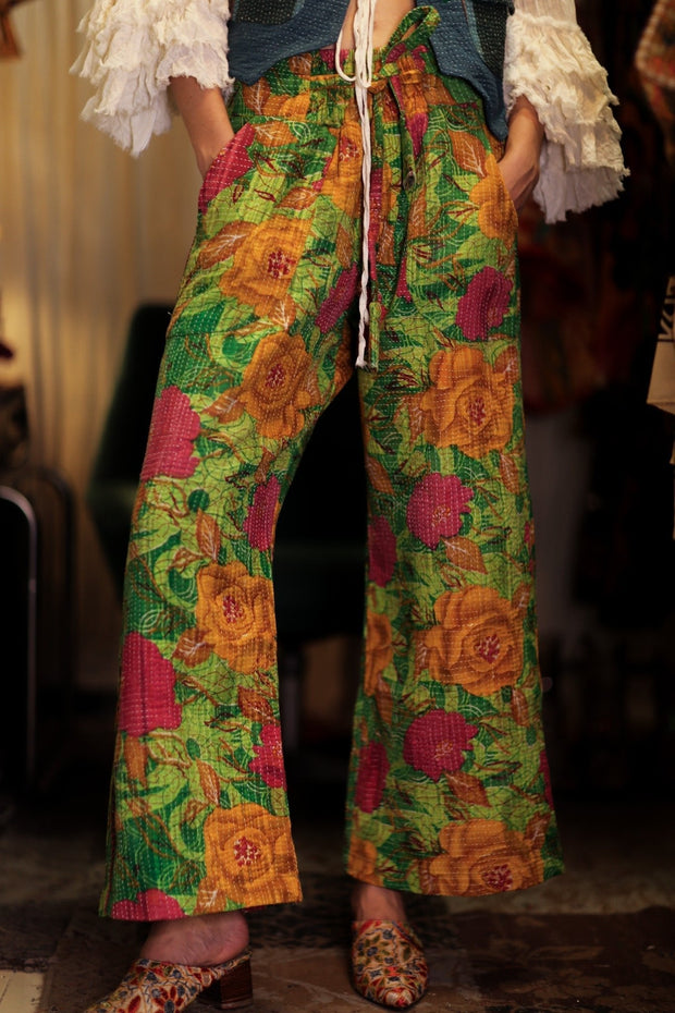 LENA KANTHA TROUSERS SALAD - sustainably made MOMO NEW YORK sustainable clothing, embroidered slow fashion