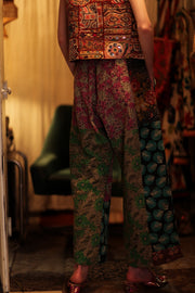 LENA KANTHA TROUSERS TURQUOISE LEAVES - sustainably made MOMO NEW YORK sustainable clothing, embroidered slow fashion