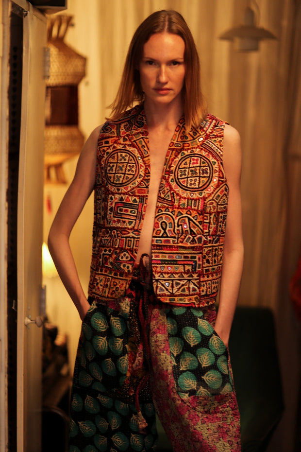 LENA KANTHA TROUSERS TURQUOISE LEAVES - sustainably made MOMO NEW YORK sustainable clothing, embroidered slow fashion
