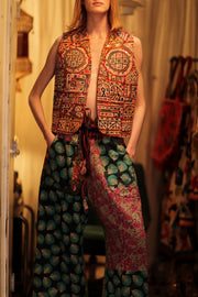 LENA KANTHA TROUSERS TURQUOISE LEAVES - sustainably made MOMO NEW YORK sustainable clothing, embroidered slow fashion