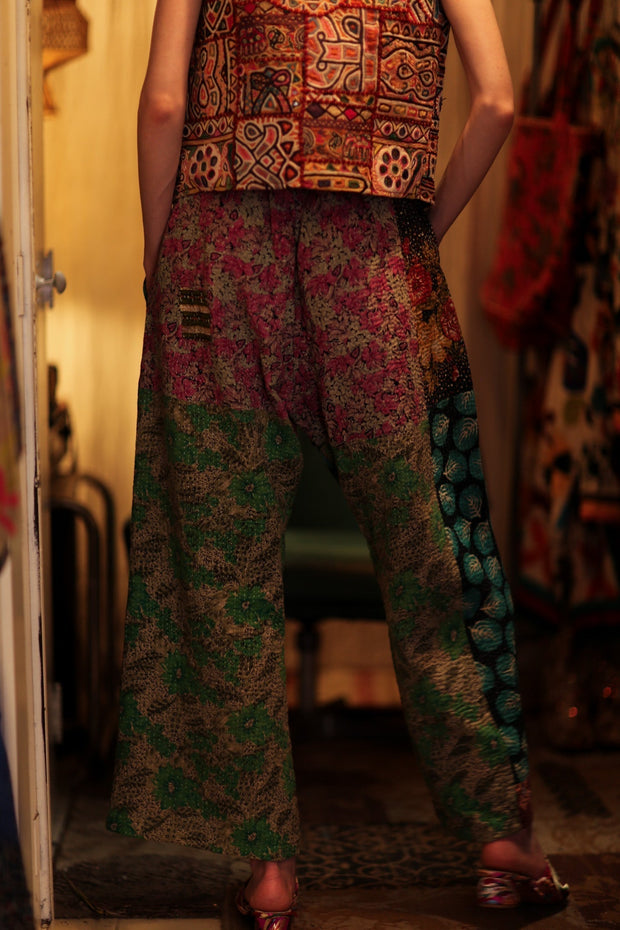LENA KANTHA TROUSERS TURQUOISE LEAVES - sustainably made MOMO NEW YORK sustainable clothing, embroidered slow fashion