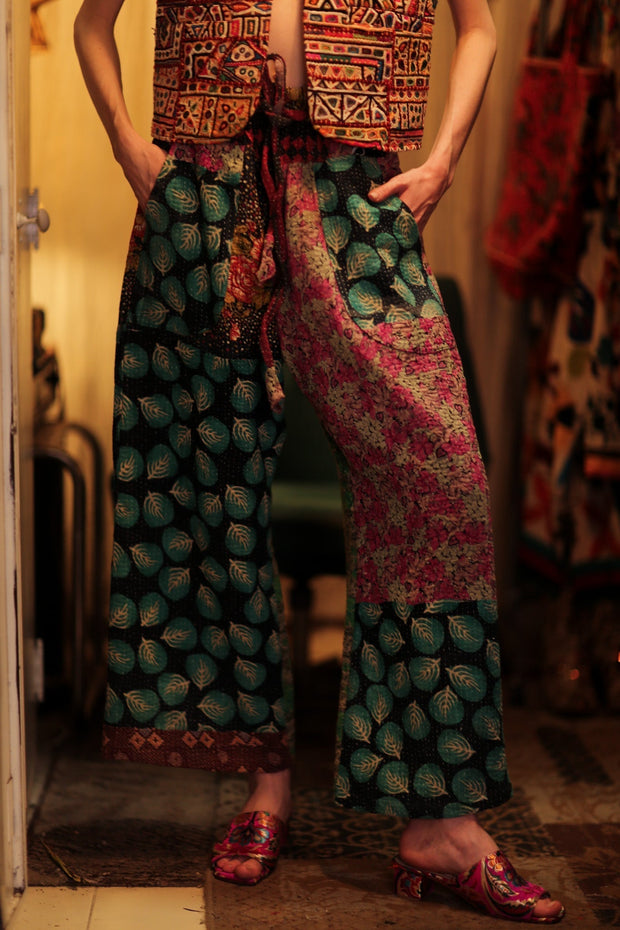 LENA KANTHA TROUSERS TURQUOISE LEAVES - sustainably made MOMO NEW YORK sustainable clothing, embroidered slow fashion