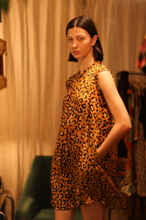 LEO PRINT SILK DRESS MARY - sustainably made MOMO NEW YORK sustainable clothing, Boho Chic Dress slow fashion