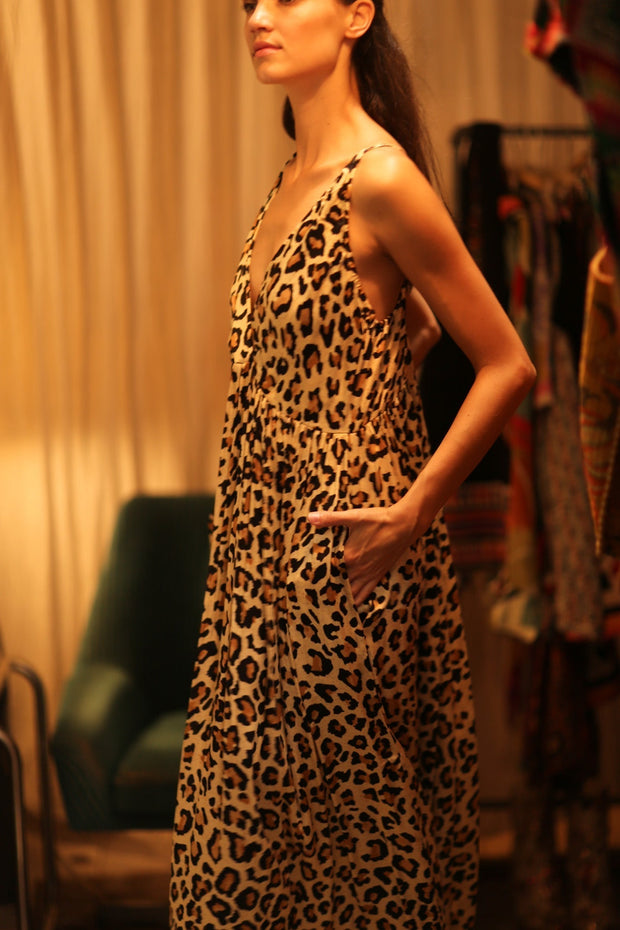 LEO PRINT SILK SHOULDER STRAP DRESS LILY - sustainably made MOMO NEW YORK sustainable clothing, dress slow fashion