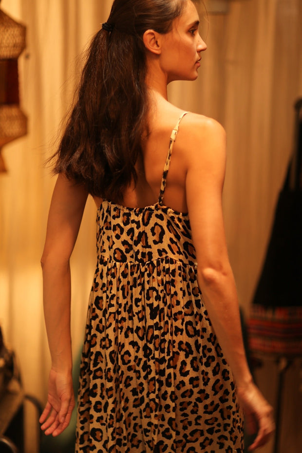 LEO PRINT SILK SHOULDER STRAP DRESS LILY - sustainably made MOMO NEW YORK sustainable clothing, dress slow fashion