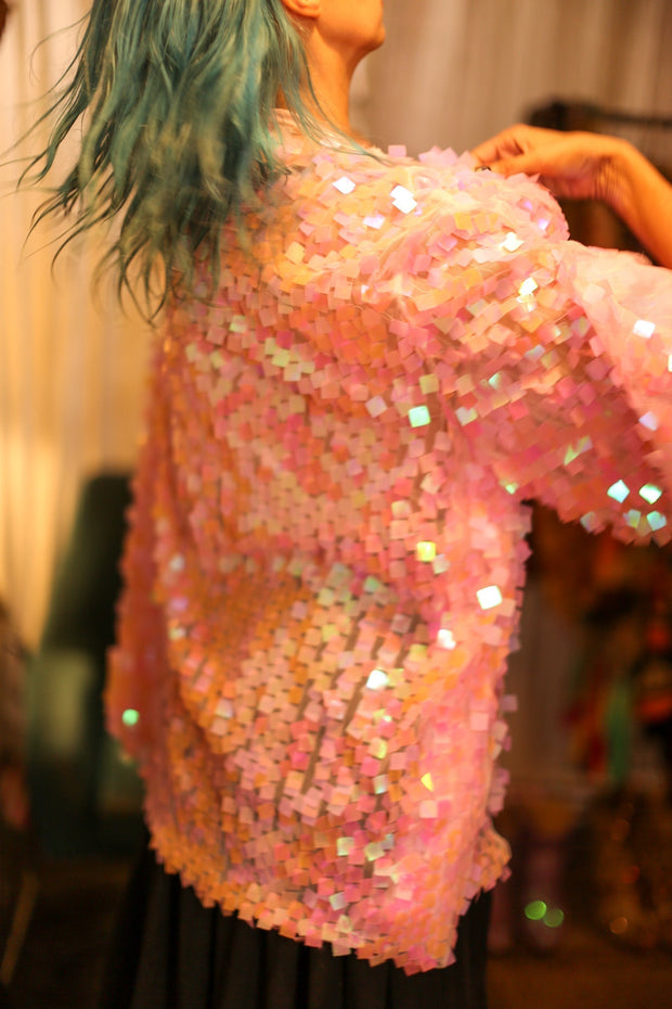 LIGHT PINK SHORT GLITTER KIMONO WITT - sustainably made MOMO NEW YORK sustainable clothing, bestseller slow fashion