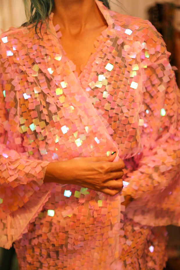 LIGHT PINK SHORT GLITTER KIMONO WITT - sustainably made MOMO NEW YORK sustainable clothing, bestseller slow fashion