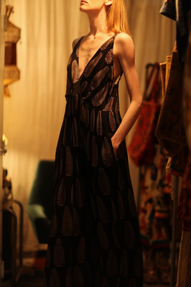 LILY SILK DRESS BLACK FEATHER - sustainably made MOMO NEW YORK sustainable clothing, Boho Chic Dress slow fashion