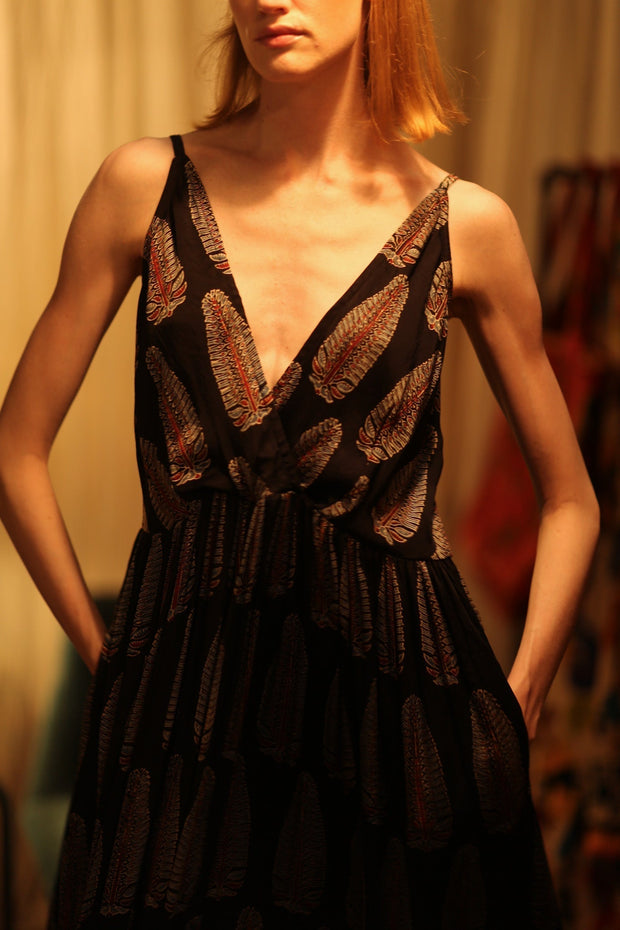 LILY SILK DRESS BLACK FEATHER - sustainably made MOMO NEW YORK sustainable clothing, Boho Chic Dress slow fashion