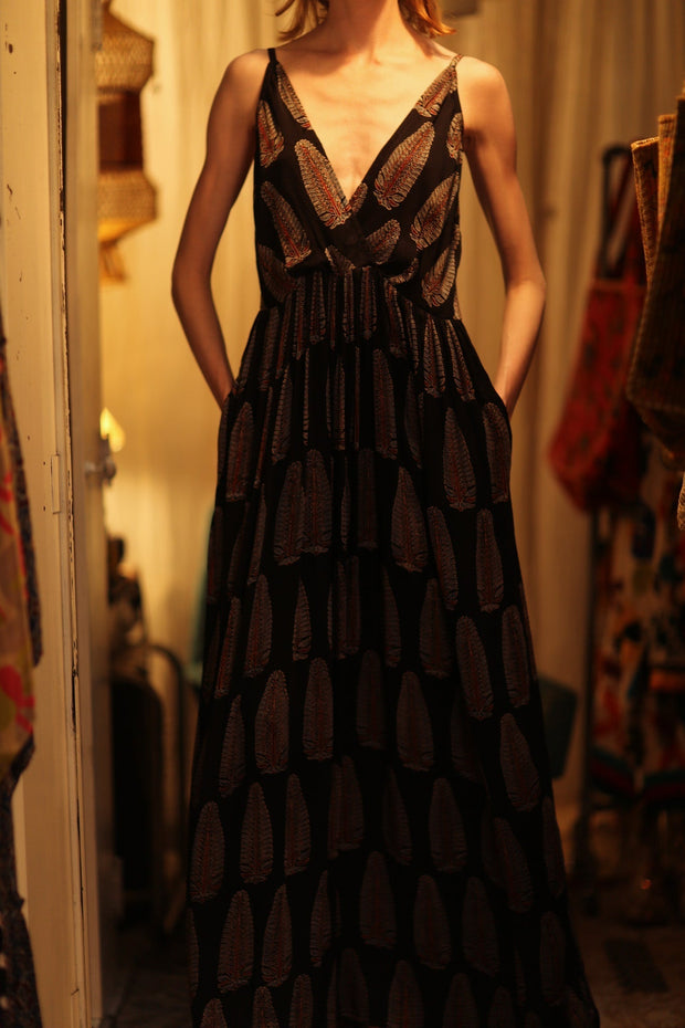 LILY SILK DRESS BLACK FEATHER - sustainably made MOMO NEW YORK sustainable clothing, Boho Chic Dress slow fashion