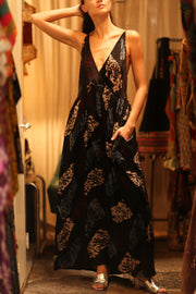 LILY SILK DRESS BLACK PAINTERS - sustainably made MOMO NEW YORK sustainable clothing, Boho Chic Dress slow fashion