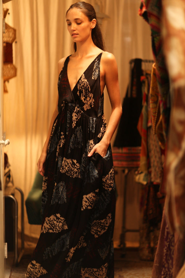 LILY SILK DRESS BLACK PAINTERS - sustainably made MOMO NEW YORK sustainable clothing, Boho Chic Dress slow fashion