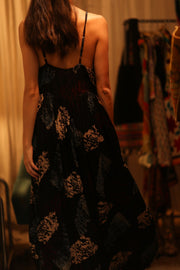 LILY SILK DRESS BLACK PAINTERS - sustainably made MOMO NEW YORK sustainable clothing, Boho Chic Dress slow fashion