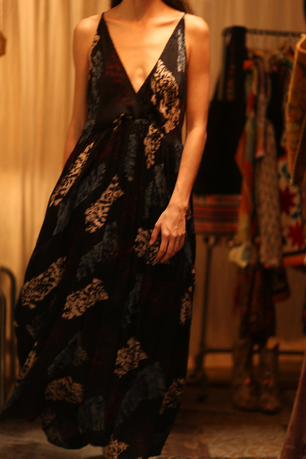 LILY SILK DRESS BLACK PAINTERS - sustainably made MOMO NEW YORK sustainable clothing, Boho Chic Dress slow fashion