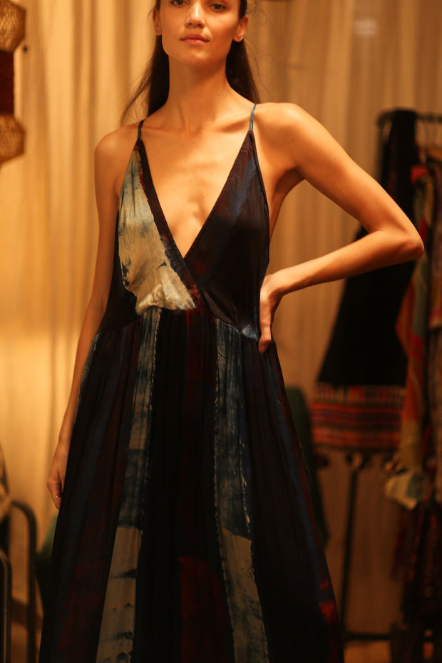 LILY SILK DRESS BLUE STRIPE - sustainably made MOMO NEW YORK sustainable clothing, Boho Chic Dress slow fashion