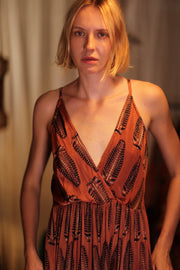 LILY SILK DRESS BROWN FEATHER - sustainably made MOMO NEW YORK sustainable clothing, Boho Chic Dress slow fashion