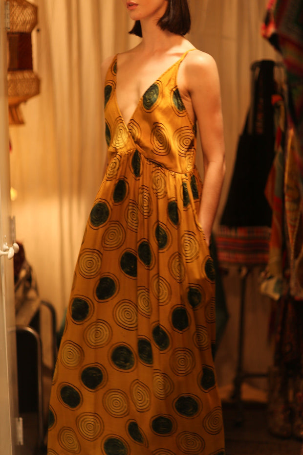 LILY SILK DRESS MUSTARD YO - YO - sustainably made MOMO NEW YORK sustainable clothing, Boho Chic Dress slow fashion