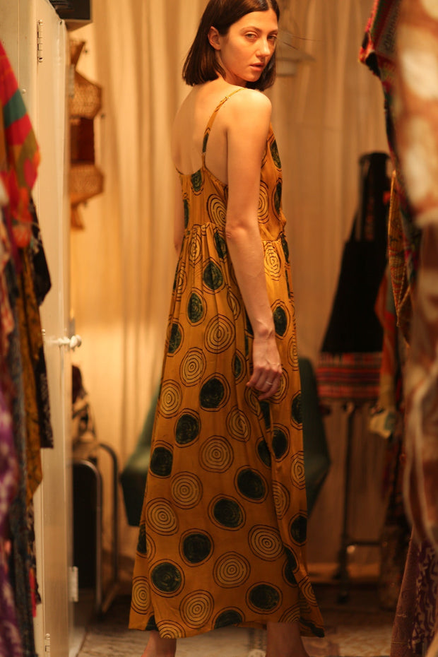 LILY SILK DRESS MUSTARD YO - YO - sustainably made MOMO NEW YORK sustainable clothing, Boho Chic Dress slow fashion