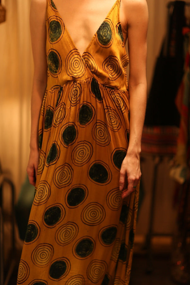 LILY SILK DRESS MUSTARD YO - YO - sustainably made MOMO NEW YORK sustainable clothing, Boho Chic Dress slow fashion