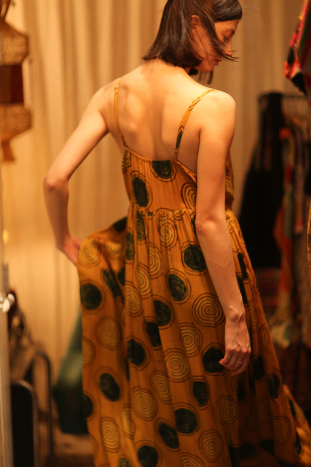 LILY SILK DRESS MUSTARD YO - YO - sustainably made MOMO NEW YORK sustainable clothing, Boho Chic Dress slow fashion