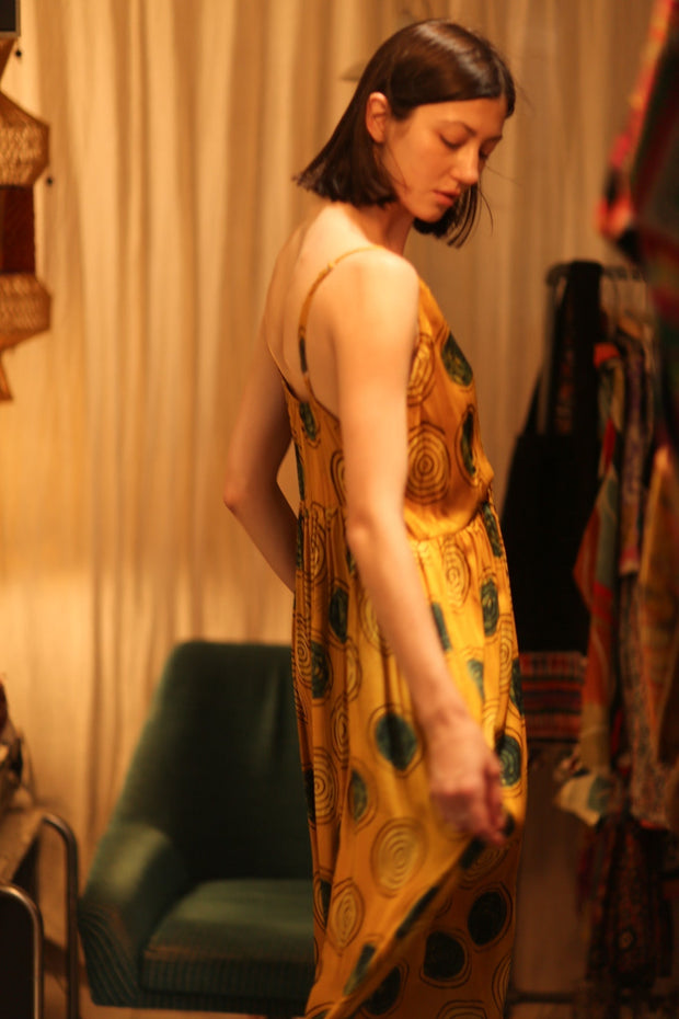 LILY SILK DRESS MUSTARD YO - YO - sustainably made MOMO NEW YORK sustainable clothing, Boho Chic Dress slow fashion