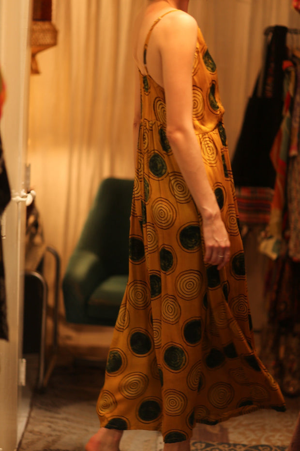 LILY SILK DRESS MUSTARD YO - YO - sustainably made MOMO NEW YORK sustainable clothing, Boho Chic Dress slow fashion