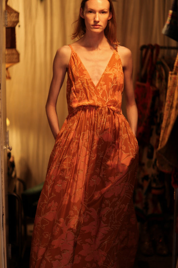 LILY SILK DRESS ORANGE FLOWER - sustainably made MOMO NEW YORK sustainable clothing, Boho Chic Dress slow fashion
