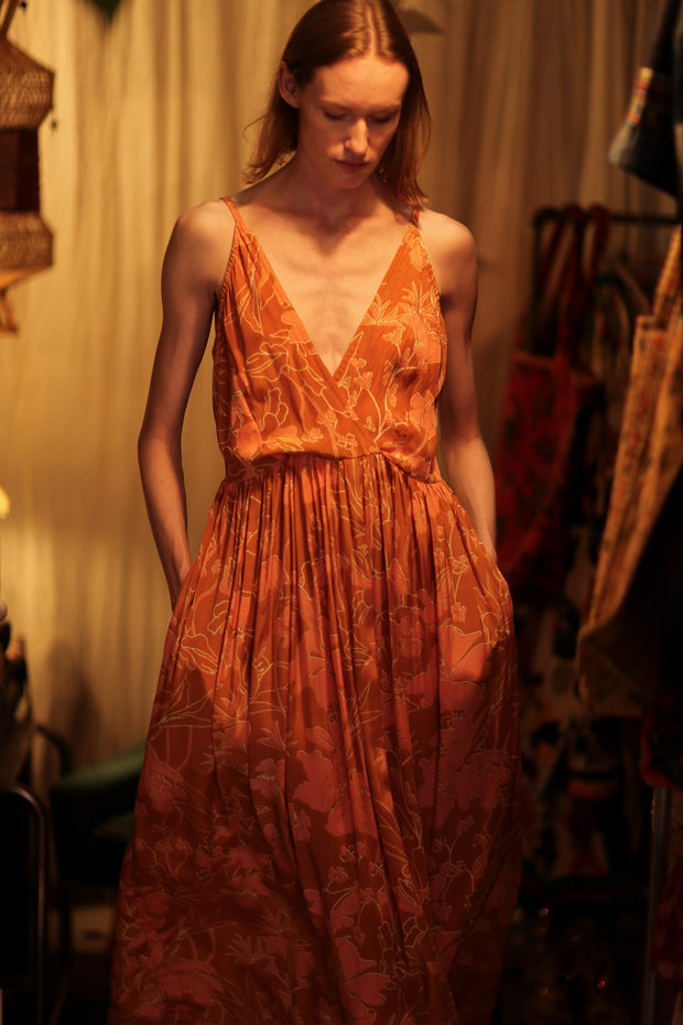 LILY SILK DRESS ORANGE FLOWER - sustainably made MOMO NEW YORK sustainable clothing, Boho Chic Dress slow fashion