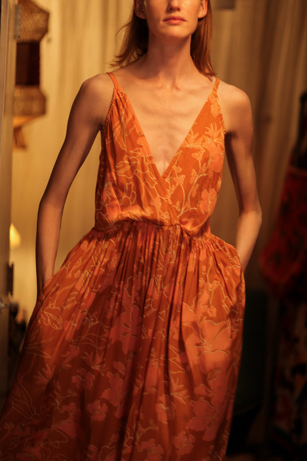 LILY SILK DRESS ORANGE FLOWER - sustainably made MOMO NEW YORK sustainable clothing, Boho Chic Dress slow fashion