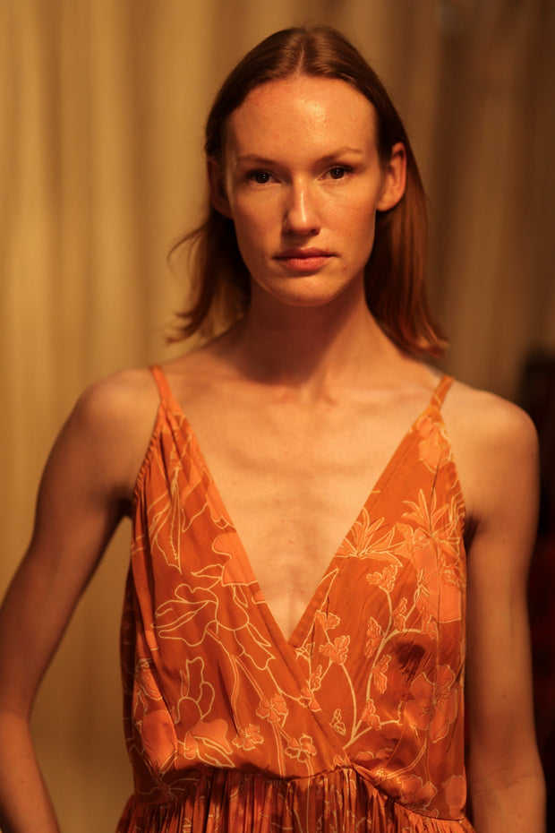 LILY SILK DRESS ORANGE FLOWER - sustainably made MOMO NEW YORK sustainable clothing, Boho Chic Dress slow fashion