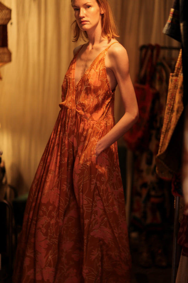 LILY SILK DRESS ORANGE FLOWER - sustainably made MOMO NEW YORK sustainable clothing, Boho Chic Dress slow fashion