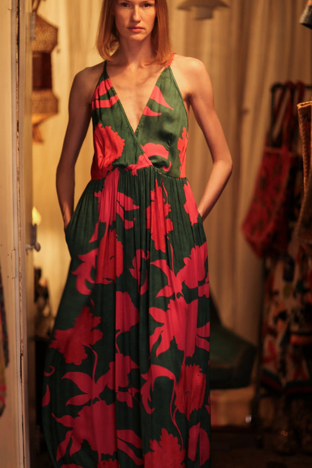 LILY SILK DRESS PINK VINES - sustainably made MOMO NEW YORK sustainable clothing, Boho Chic Dress slow fashion