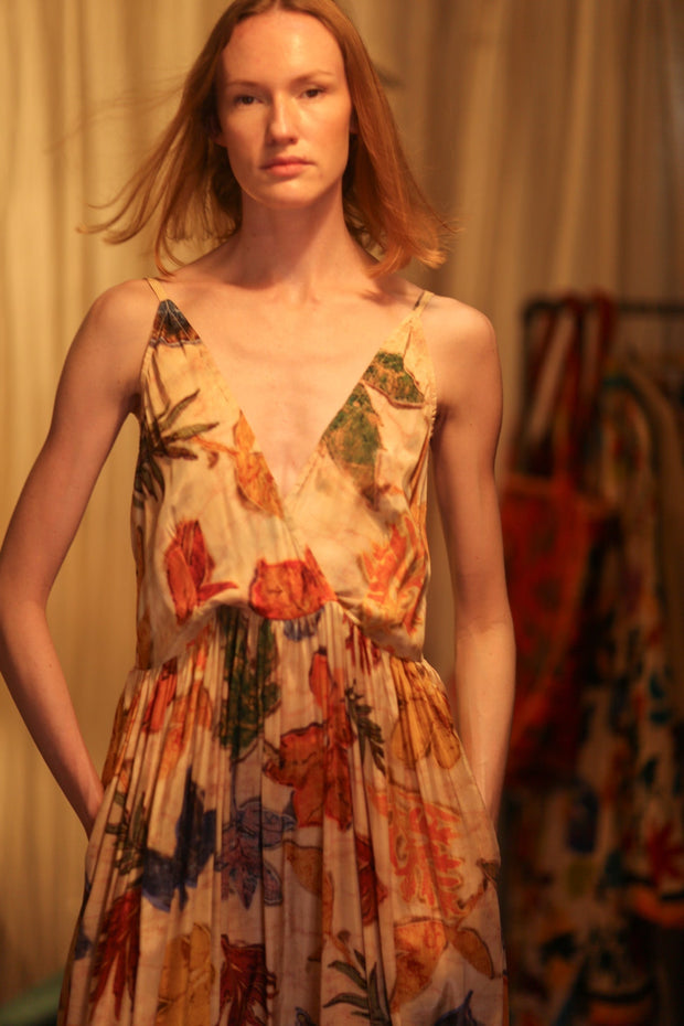 LILY SILK DRESS PRESSED FLOWERS - sustainably made MOMO NEW YORK sustainable clothing, Boho Chic Dress slow fashion