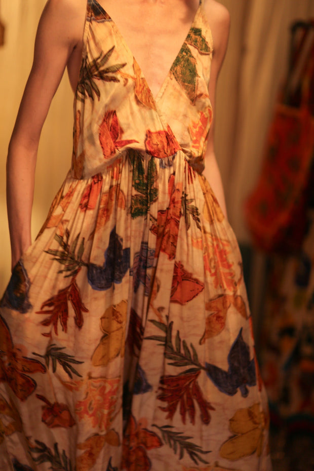 LILY SILK DRESS PRESSED FLOWERS - sustainably made MOMO NEW YORK sustainable clothing, Boho Chic Dress slow fashion